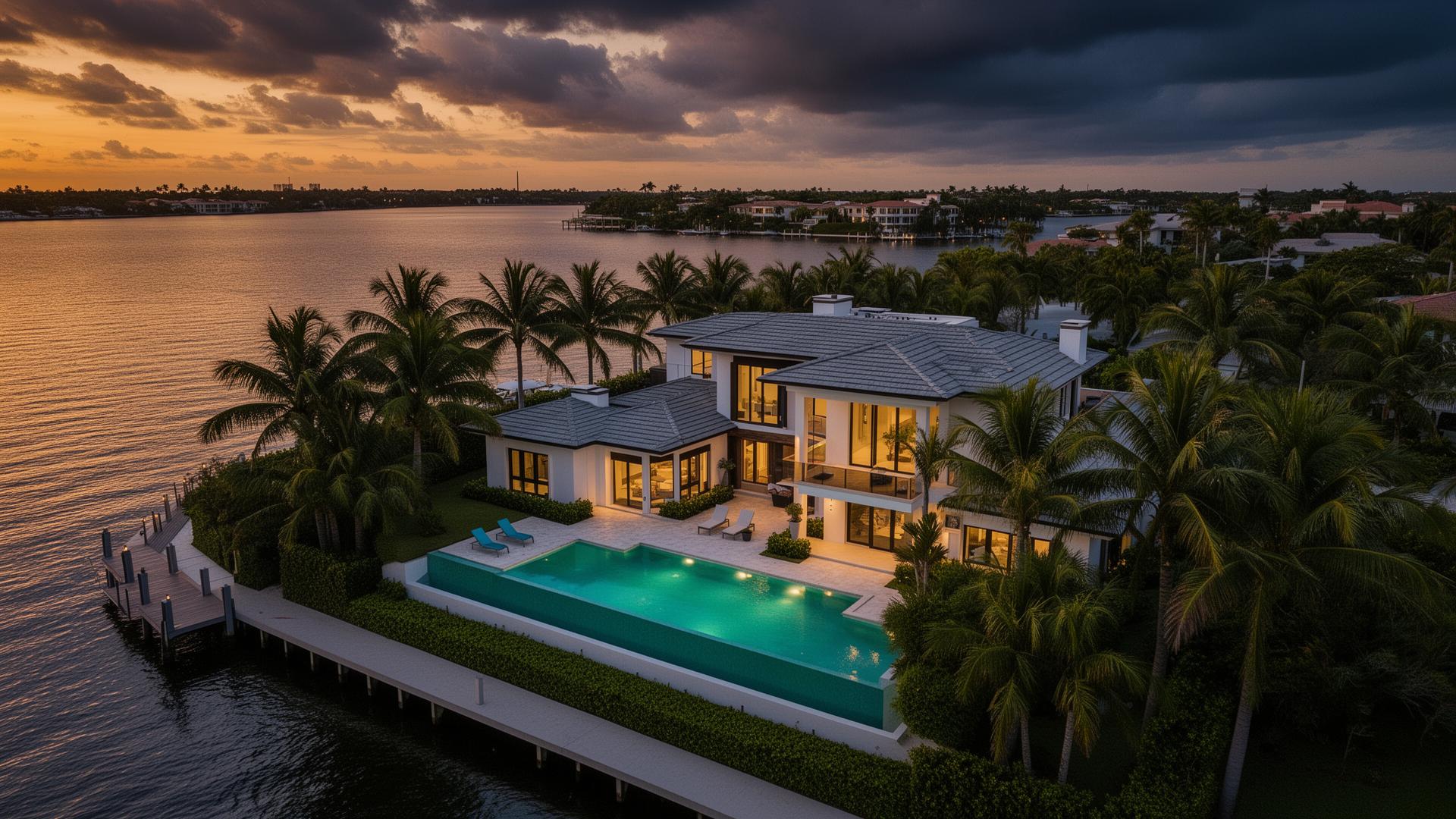 Naples luxury waterfront estate at twilight